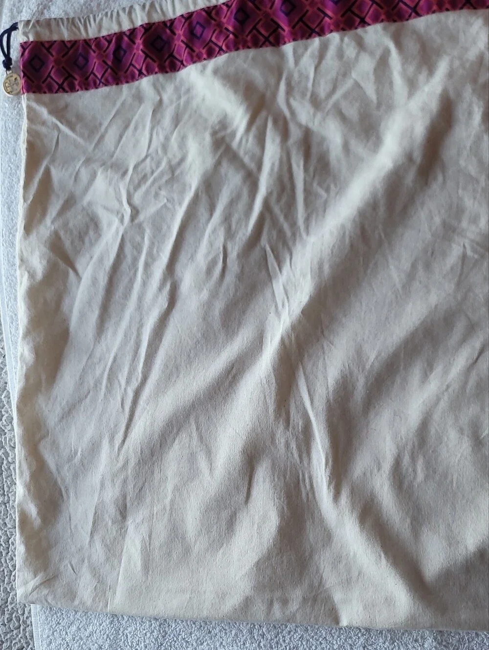 Large Tory Burch Cream Drawstring Dust Bag with Purple Geometric Trim